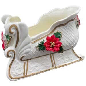 Vtg Lincolnshire Christmas Sleigh White With Red Holly Berries Winter Planter